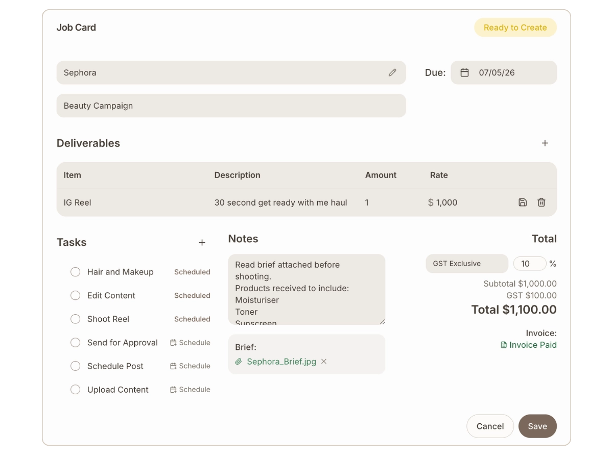 Job Card Workflow Brand Deal & Job Management for Creators | Visual Workflow | Tealoom